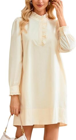 Women's Puff Long Sleeve Stand Ruffle Collar Mini Dress Casual A Line Shift Dress with Pockets in Saudi Arabia