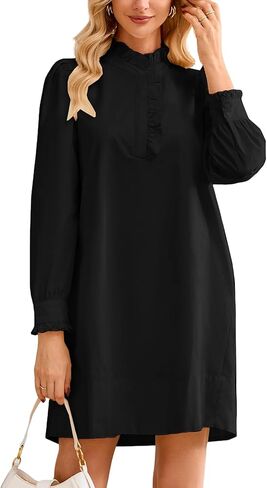 Women's Puff Long Sleeve Stand Ruffle Collar Mini Dress Casual A Line Shift Dress with Pockets in Saudi Arabia