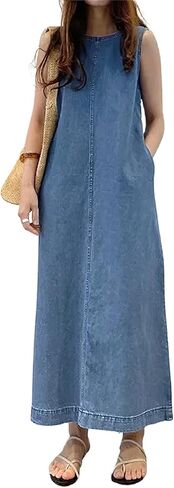 Retro Denim Jumper Dress for Women Sleeveless Crewneck Maxi Long Jean Vest Shift Dress with Pockets in Saudi Arabia