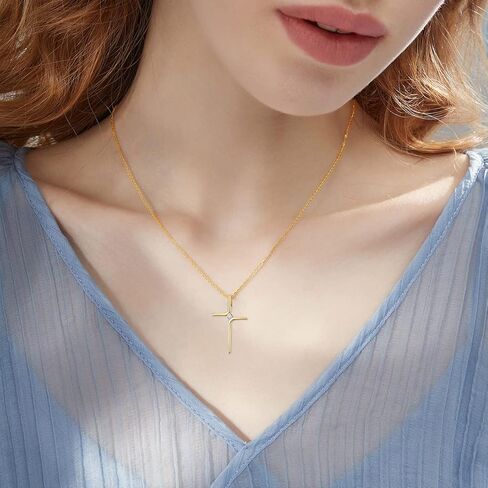 SISGEM 14k Real Gold Tiny Cross Necklace for Womens, Simple Yellow Gold Crucifix Cross Pendant with Moissanite Religious Confirmation Jewelry Gift for Her Mom, Wife, 16"-18" in Saudi Arabia