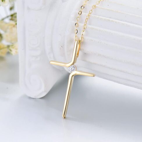 SISGEM 14k Real Gold Tiny Cross Necklace for Womens, Simple Yellow Gold Crucifix Cross Pendant with Moissanite Religious Confirmation Jewelry Gift for Her Mom, Wife, 16"-18" in Saudi Arabia