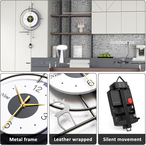 Modern Nordic Style Wall Clock Minimalist Creative Decorative Wall Clocks Silent Battery Powered Pendulum Clock Metal Frame + Wooden Dial Quartz Clock for Living Room Kitchen Bedroom Office, 13*25 in in Saudi Arabia
