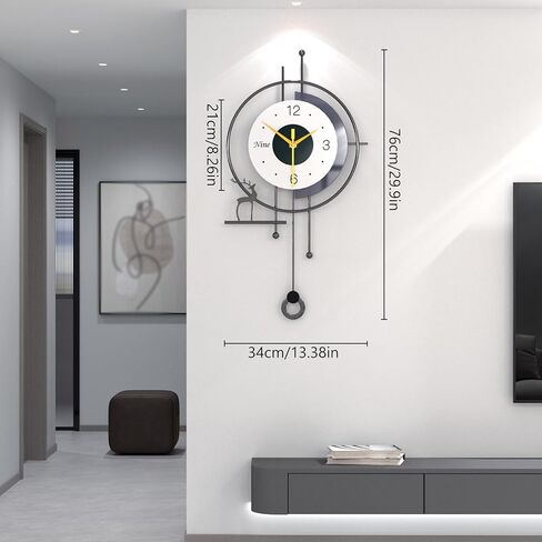 Modern Nordic Style Wall Clock Minimalist Creative Decorative Wall Clocks Silent Battery Powered Pendulum Clock Metal Frame + Wooden Dial Quartz Clock for Living Room Kitchen Bedroom Office, 13*25 in in Saudi Arabia