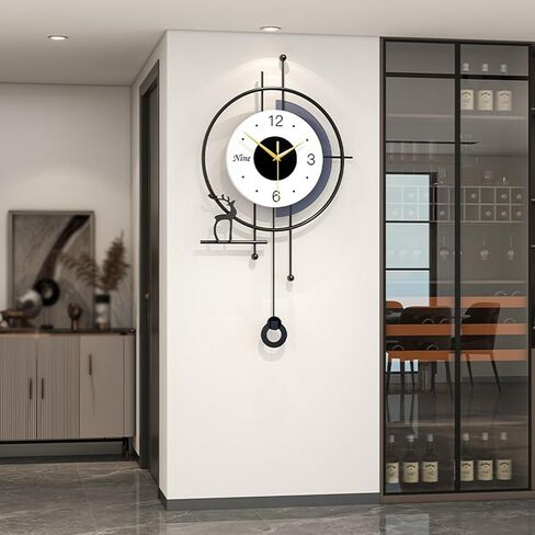 Modern Nordic Style Wall Clock Minimalist Creative Decorative Wall Clocks Silent Battery Powered Pendulum Clock Metal Frame + Wooden Dial Quartz Clock for Living Room Kitchen Bedroom Office, 13*25 in in Saudi Arabia