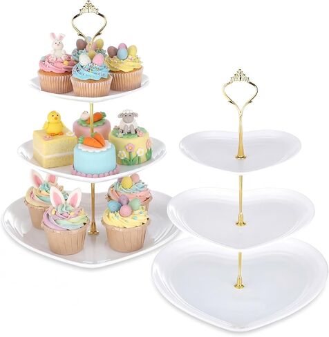 Layhit 2 Pack Valentine's Day 3 Tier Cupcake Stand Heart Shaped 3 Tiered Serving Trays for Party Plastic 3 Tiered Tray Stand Dessert Cupcake Stand for Tea Party Baby Shower Wedding (Red) in Kuwait