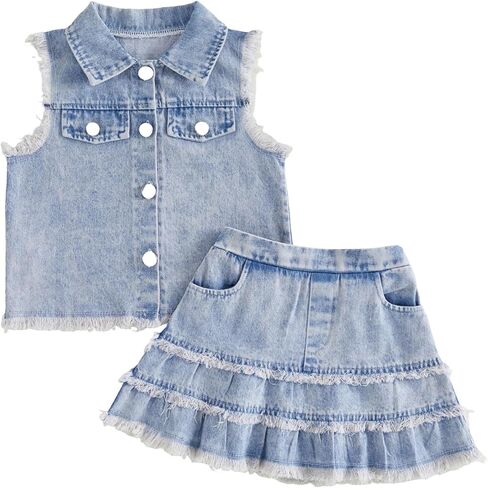 Emmababy Western Toddler Girl Skirt Set Cow Print Shirt Ruffle Sleeve Button Up Tops Ripped Jeans Skirt Denim Outfits 1-6T in Kuwait