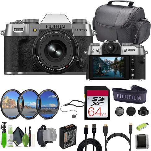 FUJIFILM X-T50 Camera with 16-50mm f/2.8-4.8 Lens (Silver) & Bag Bundle | For Photography, Video & Content Creation | Includes 64GB Memory Card, Cleaning Kit in Saudi Arabia