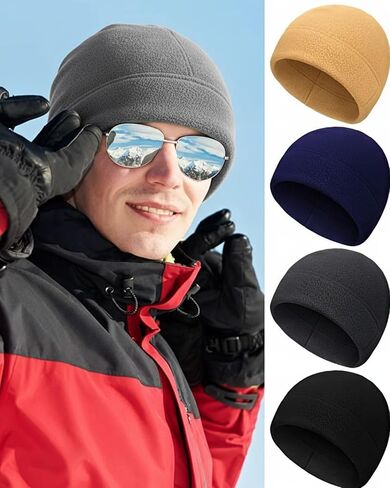 SATINIOR 4 Pieces Cotton Skull Caps for Men Women Fleece Beanies Hat Warm Soft Polar Beanie Hat Thick Windproof Winter (S,Black, Khaki, Navy Blue, Grey) in Saudi Arabia
