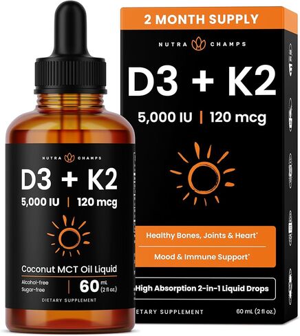 Vitamin D3 K2 Drops | Liquid Vitamin D3 5000 IU & K2 D3 with MK7 | Vitamin D Drops for Kids | Bones, Heart & Immune Health | Liquid Vitamin D in MCT Oil for Better Absorption Than Capsules & Gummies in Kuwait