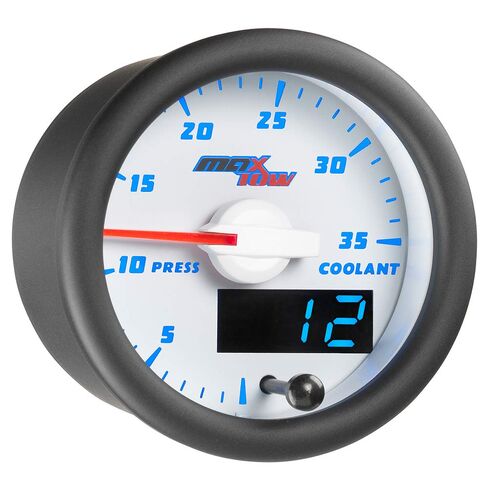 MaxTow Double Vision 35 PSI Coolant Pressure Gauge Kit - Includes Electronic Sensor - White Gauge Face - Blue LED Illuminated Dial - Analog & Digital Readouts - 2-1/16" 52mm in Kuwait