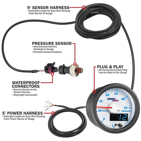 MaxTow Double Vision 35 PSI Coolant Pressure Gauge Kit - Includes Electronic Sensor - White Gauge Face - Blue LED Illuminated Dial - Analog & Digital Readouts - 2-1/16" 52mm in Kuwait