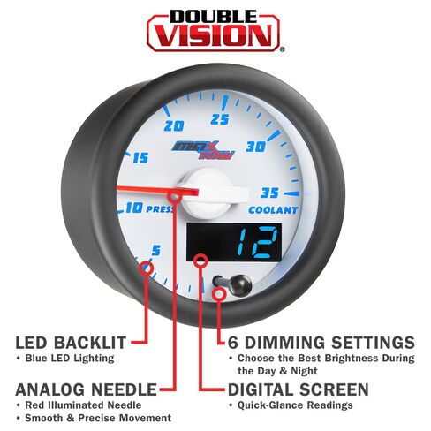 MaxTow Double Vision 35 PSI Coolant Pressure Gauge Kit - Includes Electronic Sensor - White Gauge Face - Blue LED Illuminated Dial - Analog & Digital Readouts - 2-1/16" 52mm in Kuwait