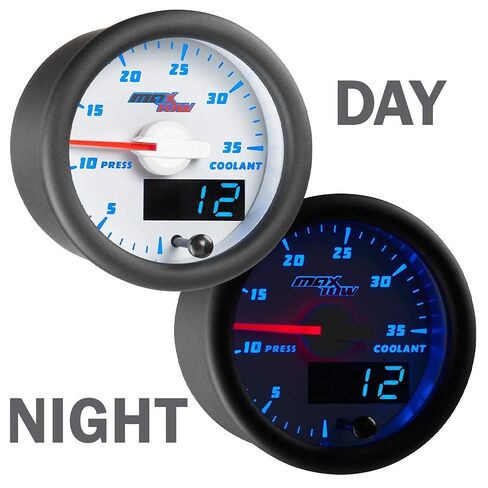 MaxTow Double Vision 35 PSI Coolant Pressure Gauge Kit - Includes Electronic Sensor - White Gauge Face - Blue LED Illuminated Dial - Analog & Digital Readouts - 2-1/16" 52mm in Kuwait