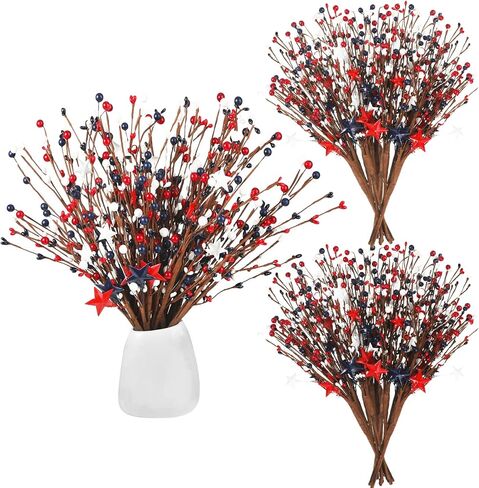 Yingzhao 12 Pcs 4th of July Decorations Patriotic Berry Stem Pick Memorial Day Artificial Red White Blue Pick 250th Anniversary Berry Stem Fruit Floral Bunch for Home Office Independence Day Decor in Kuwait