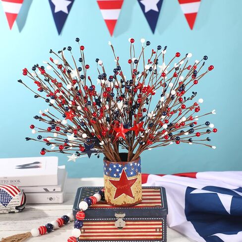 Yingzhao 12 Pcs 4th of July Decorations Patriotic Berry Stem Pick Memorial Day Artificial Red White Blue Pick 250th Anniversary Berry Stem Fruit Floral Bunch for Home Office Independence Day Decor in Kuwait