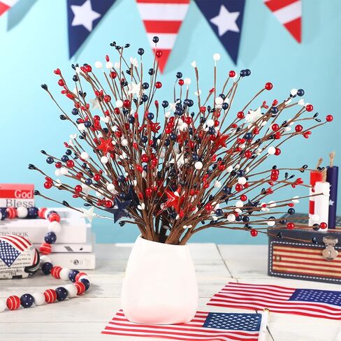 Yingzhao 12 Pcs 4th of July Decorations Patriotic Berry Stem Pick Memorial Day Artificial Red White Blue Pick 250th Anniversary Berry Stem Fruit Floral Bunch for Home Office Independence Day Decor in Kuwait