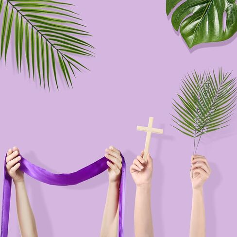 6 Pcs Easter Palm Sunday Decoration Set Including 4 Artificial Palm Branches, 1 Cross, 1 Purple Mantle for Church, Home Decoration in Saudi Arabia