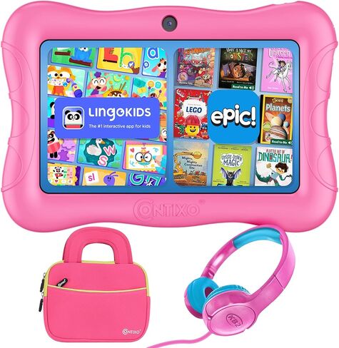 Contixo 7 inch Kids Tablet Bundle, Android Tablet and Kids Wired Headphones, Toddler Tablet with 50+ Disney Storybooks & Stickers, WiFi, 32GB ROM, Learning Tablet for Kids, Dark Blue in Kuwait