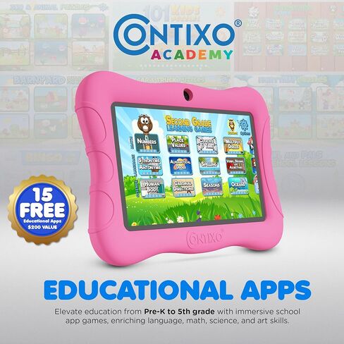 Contixo 7 inch Kids Tablet Bundle, Android Tablet and Kids Wired Headphones, Toddler Tablet with 50+ Disney Storybooks & Stickers, WiFi, 32GB ROM, Learning Tablet for Kids, Dark Blue in Kuwait