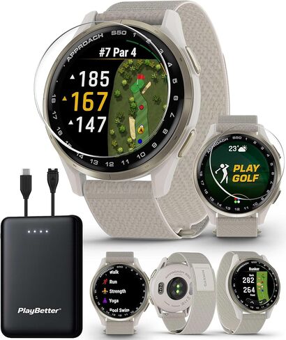 Garmin Neapte S50 (Cream Gold/Ivory) GPS GPS Smartwatch Bundle - 1.2 "شاشة AMOLED ، وميزات على الدورة ، ومعدل ضربات القلب مع حماة شاشة PlayBetter وشاحن محمول 5000 مللي أمبير في الساعة in Kuwait