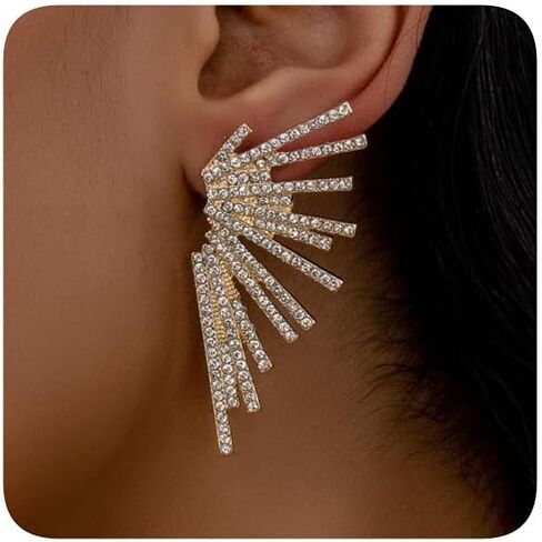 Crystal Fan Statement Stud Earrings, Gold Plated, Rhinestone Starburst Dangle Design, Wedding Party Formal Evening Wear in Saudi Arabia