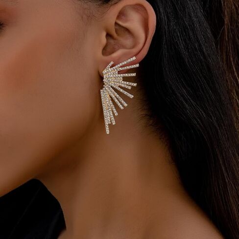 Crystal Fan Statement Stud Earrings, Gold Plated, Rhinestone Starburst Dangle Design, Wedding Party Formal Evening Wear in Saudi Arabia