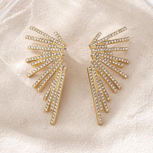 Crystal Fan Statement Stud Earrings, Gold Plated, Rhinestone Starburst Dangle Design, Wedding Party Formal Evening Wear in Saudi Arabia