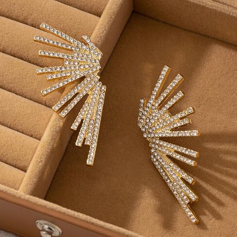Crystal Fan Statement Stud Earrings, Gold Plated, Rhinestone Starburst Dangle Design, Wedding Party Formal Evening Wear in Saudi Arabia