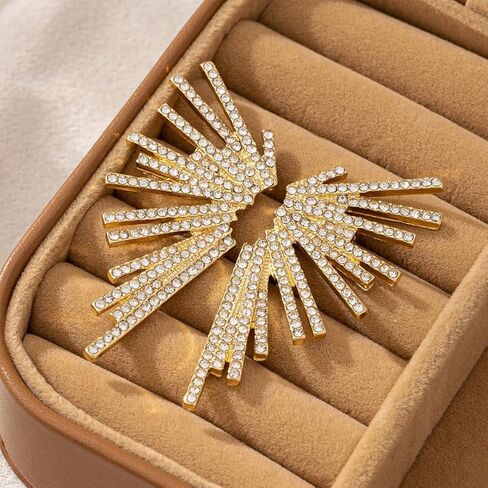 Crystal Fan Statement Stud Earrings, Gold Plated, Rhinestone Starburst Dangle Design, Wedding Party Formal Evening Wear in Saudi Arabia