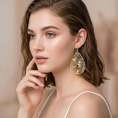 Trendy Hanging Earring Leaf, Gold Filigree Teardrop Earrings for Women, Boho Gold Dangling Earring, Lightweight Dangle Earrings in Saudi Arabia