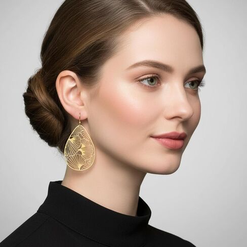 Trendy Hanging Earring Leaf, Gold Filigree Teardrop Earrings for Women, Boho Gold Dangling Earring, Lightweight Dangle Earrings in Saudi Arabia