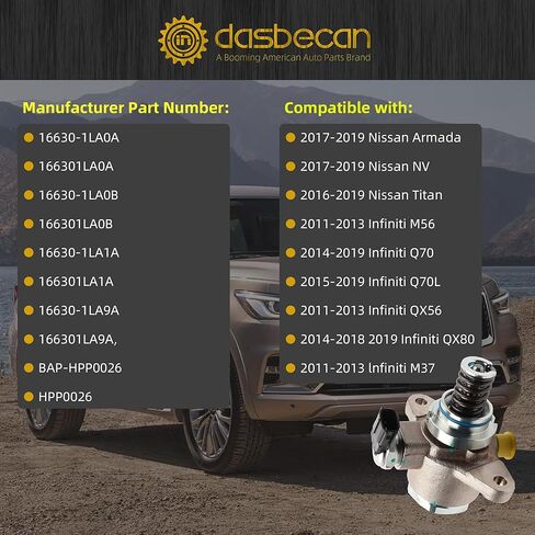 Dasbecan High Pressure Fuel Pump Compatible with Infiniti M37, M56, Q70, QX56, QX80 & Nissan Armada, NV, Titan 2011-2019 Replacement #16630-1LA0A 16630-1LA9A HPP0026 in Saudi Arabia