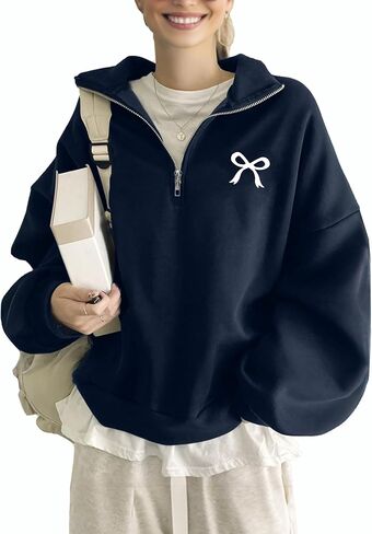 Womens Quarter Zip Oversized Sweatshirts Comfy Fall Fashion Mock Neck Pullover Hoodies Bow Graphic Winter Outfits in Saudi Arabia