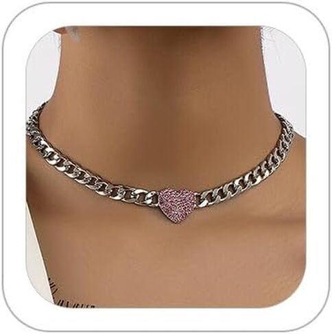 HUJUON Rhinestone Heart Necklace for Women Gold Silver Heart Pendant Choker Necklace Cuban Link Chain Love Heart Chunky Necklace Zircon Heart Statement Necklace in Kuwait