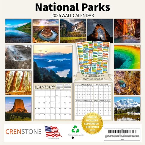 National Landmarks Calendar 2026 - American Landscapes 2026 Wall Calendar, Includes 100+ Reminder Stickers | 12" x 24" Open | Giftable | Made in The USA in Kuwait