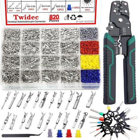 Twidec/755Pcs 21Type Car Electrical Wire Terminal 1/1.5/1.8/2.2/2.8/3.5mm Connector Pins Terminal Auto Electric Connector Non-Insulated Plug Removal Male Female Crimp Pins With Crimping Pliers in Kuwait