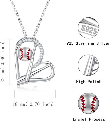 MANBU Sterling Silver Baseball Necklace Earrings for Women Baseball Bat Heart Pendant Sport Jewelry Gifts for Daughter Granddaughter (necklace) in Saudi Arabia
