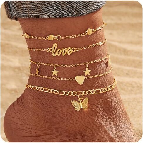 KISS WIFE Gold Anklets for Women, 14k Gold Plated Layered Cuban Figaro Link Chain Anklets Set, Dainty Waterproof Summer Beach Foot Jewelry (1) in Kuwait