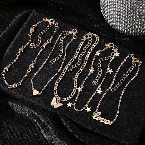 KISS WIFE Gold Anklets for Women, 14k Gold Plated Layered Cuban Figaro Link Chain Anklets Set, Dainty Waterproof Summer Beach Foot Jewelry (1) in Kuwait