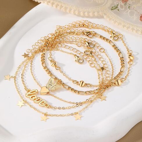 KISS WIFE Gold Anklets for Women, 14k Gold Plated Layered Cuban Figaro Link Chain Anklets Set, Dainty Waterproof Summer Beach Foot Jewelry (1) in Kuwait