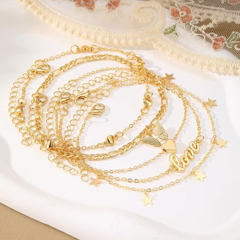 KISS WIFE Gold Anklets for Women, 14k Gold Plated Layered Cuban Figaro Link Chain Anklets Set, Dainty Waterproof Summer Beach Foot Jewelry (1) in Kuwait