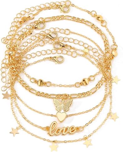 KISS WIFE Gold Anklets for Women, 14k Gold Plated Layered Cuban Figaro Link Chain Anklets Set, Dainty Waterproof Summer Beach Foot Jewelry (1) in Kuwait