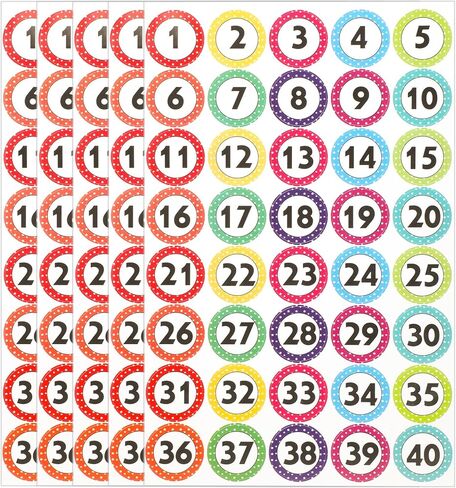 600 PCS 1-40 Number Stickers, Self-Adhesive Colored Numbers Decals, Water/Oil/Tear Resistant Removable Polka Dot Consecutive Number Labels for Classroom Office Storage Boxes in Kuwait