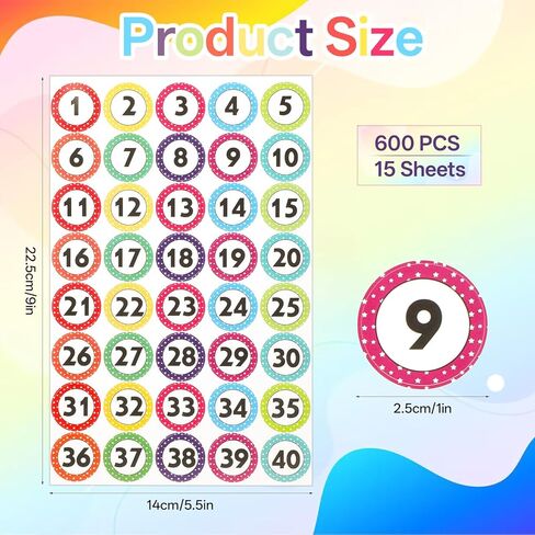 600 PCS 1-40 Number Stickers, Self-Adhesive Colored Numbers Decals, Water/Oil/Tear Resistant Removable Polka Dot Consecutive Number Labels for Classroom Office Storage Boxes in Kuwait