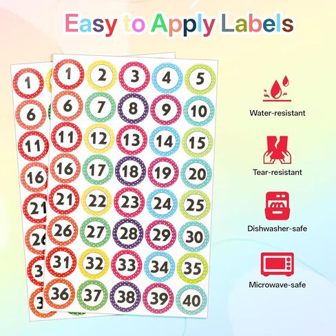 600 PCS 1-40 Number Stickers, Self-Adhesive Colored Numbers Decals, Water/Oil/Tear Resistant Removable Polka Dot Consecutive Number Labels for Classroom Office Storage Boxes in Kuwait