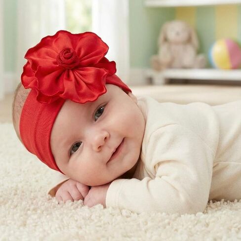 عصابات رأس للفتيات الصغيرات - أربطة شعر مصنوعة يدويًا من القطن الناعم للأطفال الصغار مع إكسسوارات شعر على شكل زهرة كبيرة هدية عيد ميلاد للأطفال (أحمر) in Kuwait