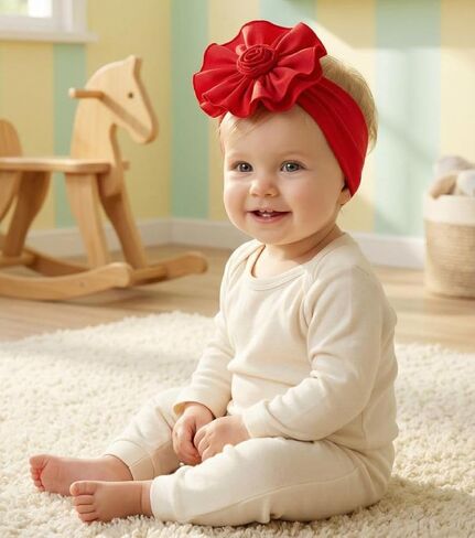 عصابات رأس للفتيات الصغيرات - أربطة شعر مصنوعة يدويًا من القطن الناعم للأطفال الصغار مع إكسسوارات شعر على شكل زهرة كبيرة هدية عيد ميلاد للأطفال (أحمر) in Kuwait