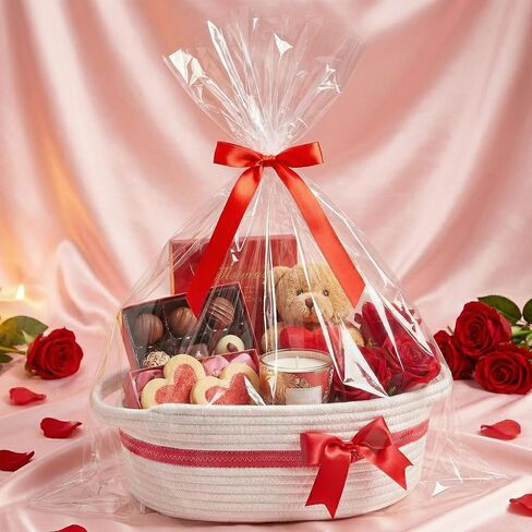 سلة الهدايا مع القوس وحقيبة الهدايا بسلة حبل ديكور ديكور للهدايا فارغة 13.5 "× 8.5" × 5.5 "سلة تخزين سلة طفل مع مقابض ، أبيض in Kuwait