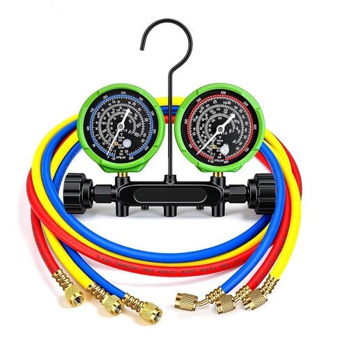 مجموعة قياسات HVAC المتعددة مع خراطيم 5 أقدام، (PSI ° F) متوافقة مع A2L، تناسب مبرد R32 R454B R410A R22، قرص دقيق للضغط ودرجة الحرارة، جسم نحاسي مزخرف بصمام إبرة in Kuwait