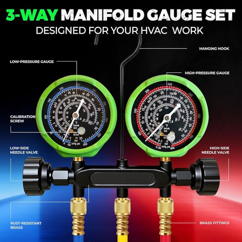 مجموعة قياسات HVAC المتعددة مع خراطيم 5 أقدام، (PSI ° F) متوافقة مع A2L، تناسب مبرد R32 R454B R410A R22، قرص دقيق للضغط ودرجة الحرارة، جسم نحاسي مزخرف بصمام إبرة in Kuwait